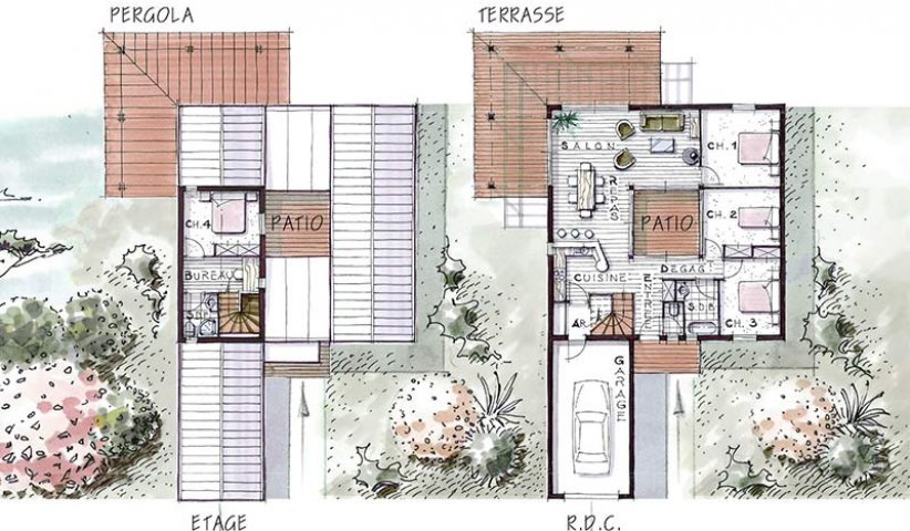 plan de maison 4 chambres avec patio